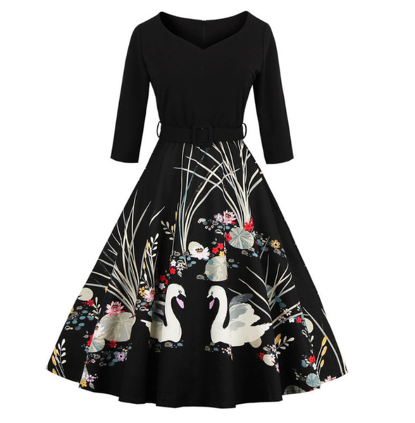 Black Swan Scene Print Sleeved Swing Dress PLUS SIZE