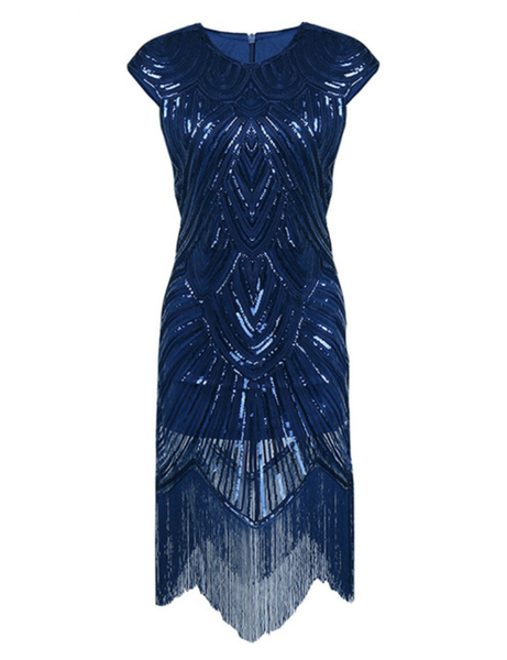 Navy Blue Cap Sleeve Beaded Fringe Sequin Deco Flapper Dress