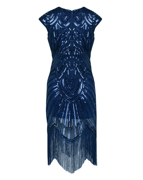 Navy Blue Cap Sleeve Beaded Fringe Sequin Deco Flapper Dress