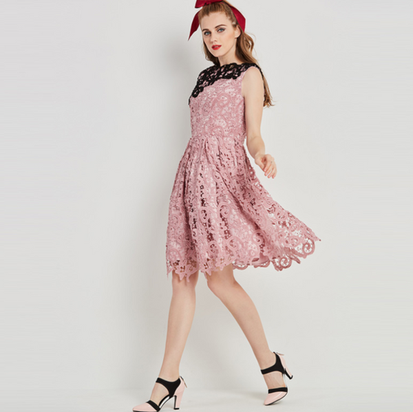 Contrast Black and Pastel Pink Exposed Shoulder Fit and Flare Dress