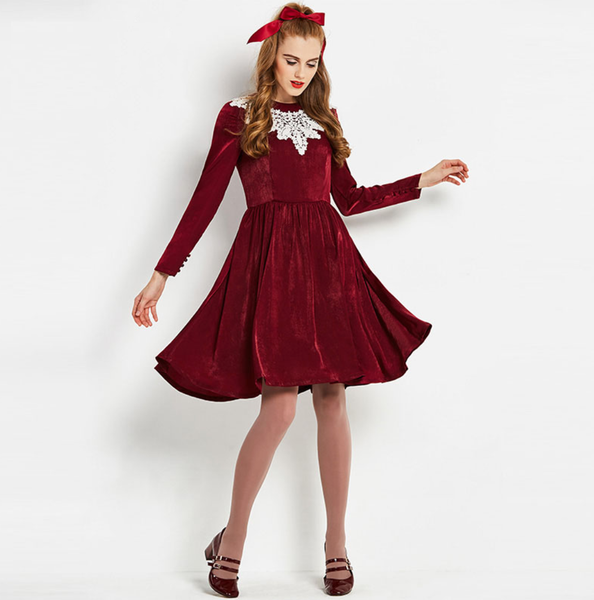 Vintage 1960s wine red lace collar velvet fit and flare unique mod rockabilly 60s 50s dress