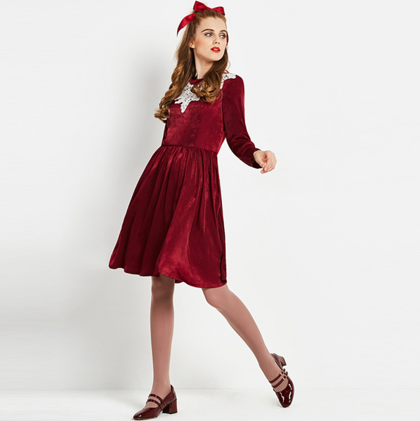 Vintage 1960s wine red lace collar velvet fit and flare unique mod rockabilly 60s 50s dress