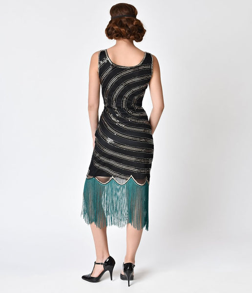 Blue and Black Peacock Sequin Fringed Party Flapper Dress