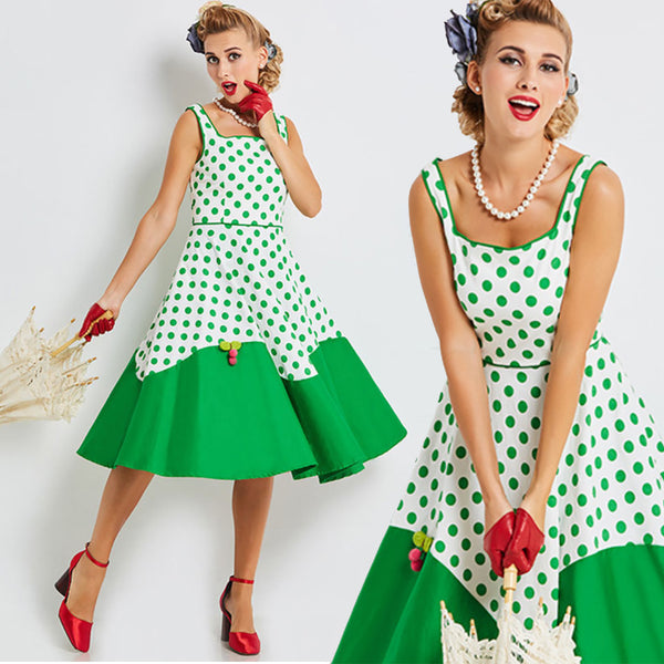 Green and White Polkadot Swing Dress