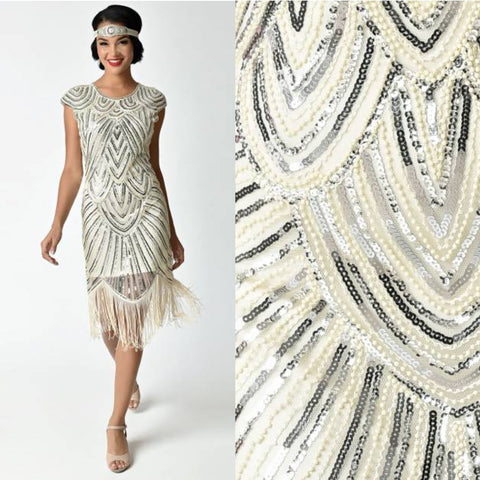 US STOCK Cream White and Gold Cap Sleeve Beaded Fringe Sequin Deco Flapper Dress