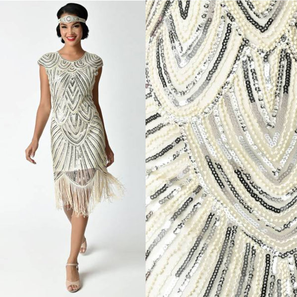 US STOCK Navy Cap Sleeve Beaded Fringe Sequin Deco Flapper Dress