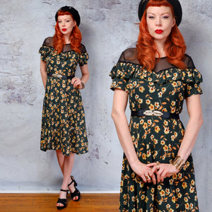 Green floral sheer neckline 1940s 1950s vintage dress small