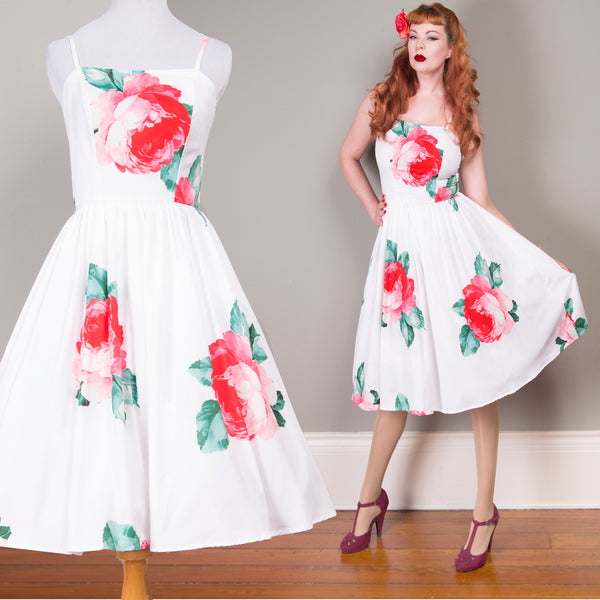 US STOCK Red Roses on White Full Skirt Dress