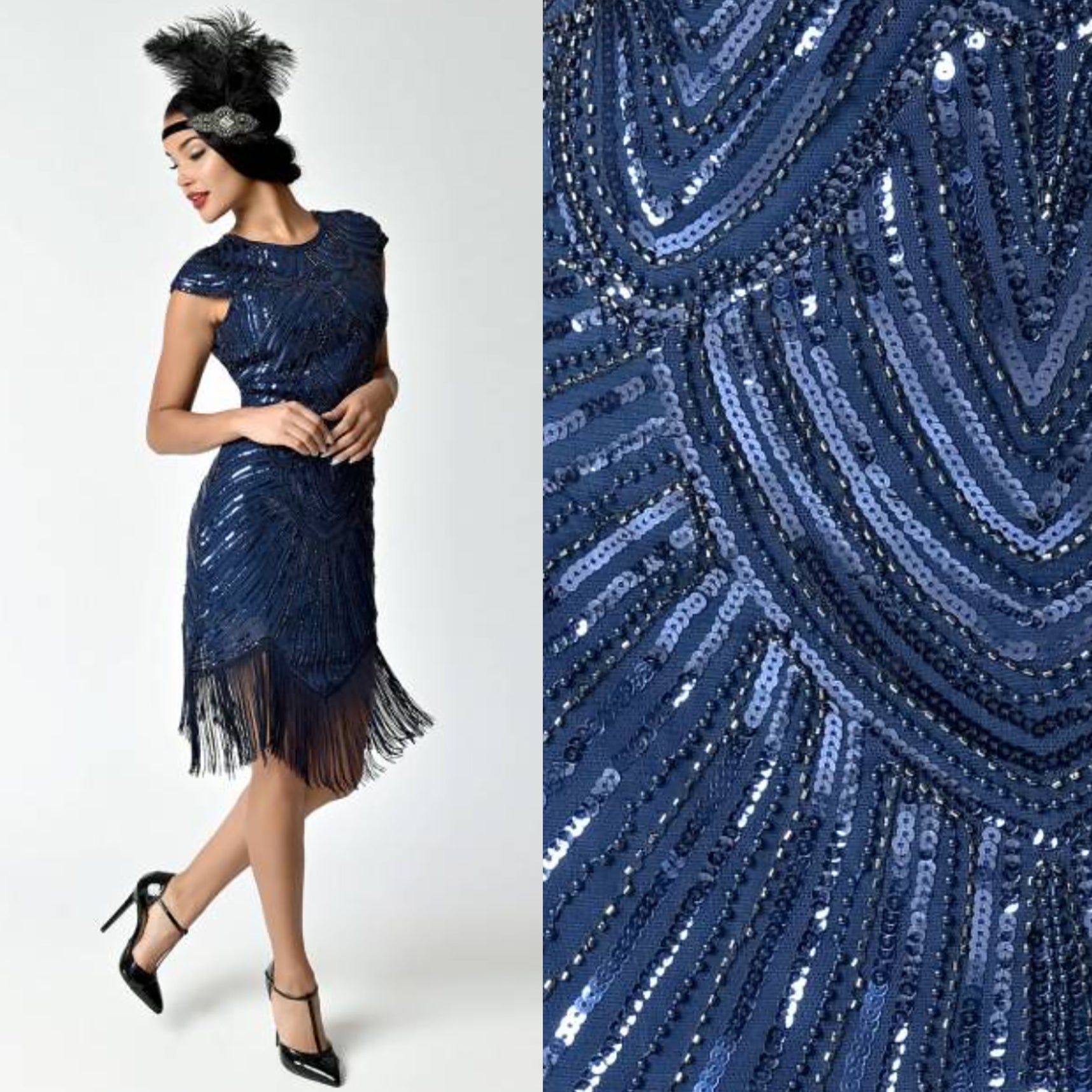 Navy Blue Cap Sleeve Beaded Fringe Sequin Deco Flapper Dress