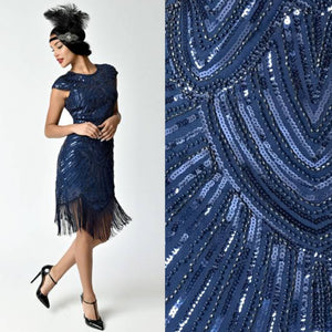 Navy Blue Cap Sleeve Beaded Fringe Sequin Deco Flapper Dress