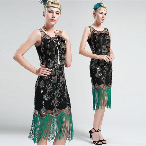 Green and Black Peacock Sequin Fringed Party Flapper Dress