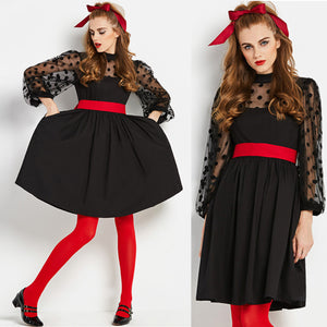 Black Fit and Flare dress with Dot Mesh Sleeves and Red Sash Belt