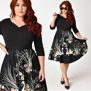 Black Swan Scene Print Sleeved Swing Dress PLUS SIZE