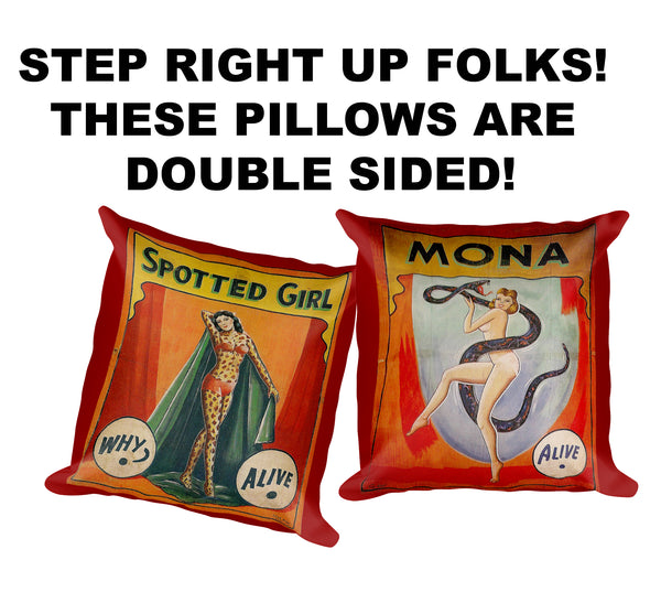 Antique Double sided Freak Show Side Show Banner Pinup Square Pillow Case only