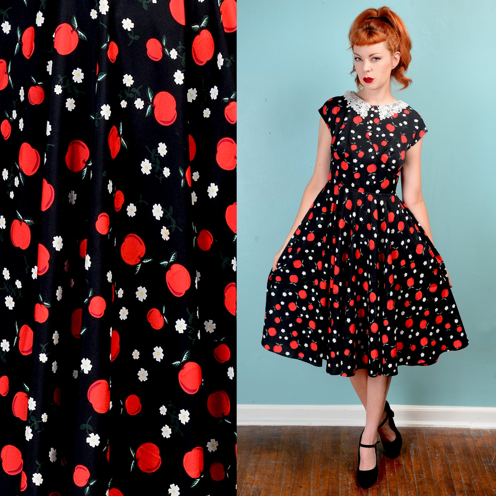 Hell bunny apples print dress with crochet collar  small s