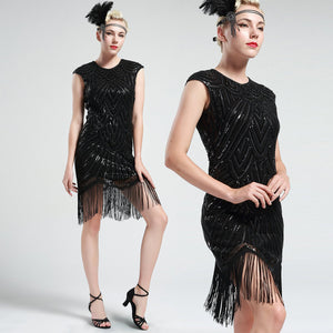 US STOCK Jet Black Flapper Beaded Fringed Great Gatsby Dress