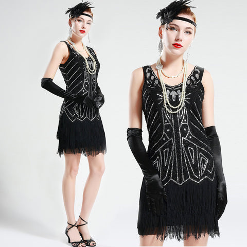 US STOCK Black and Silver Sleeveless Flapper Beaded and Sequined Mini Dress