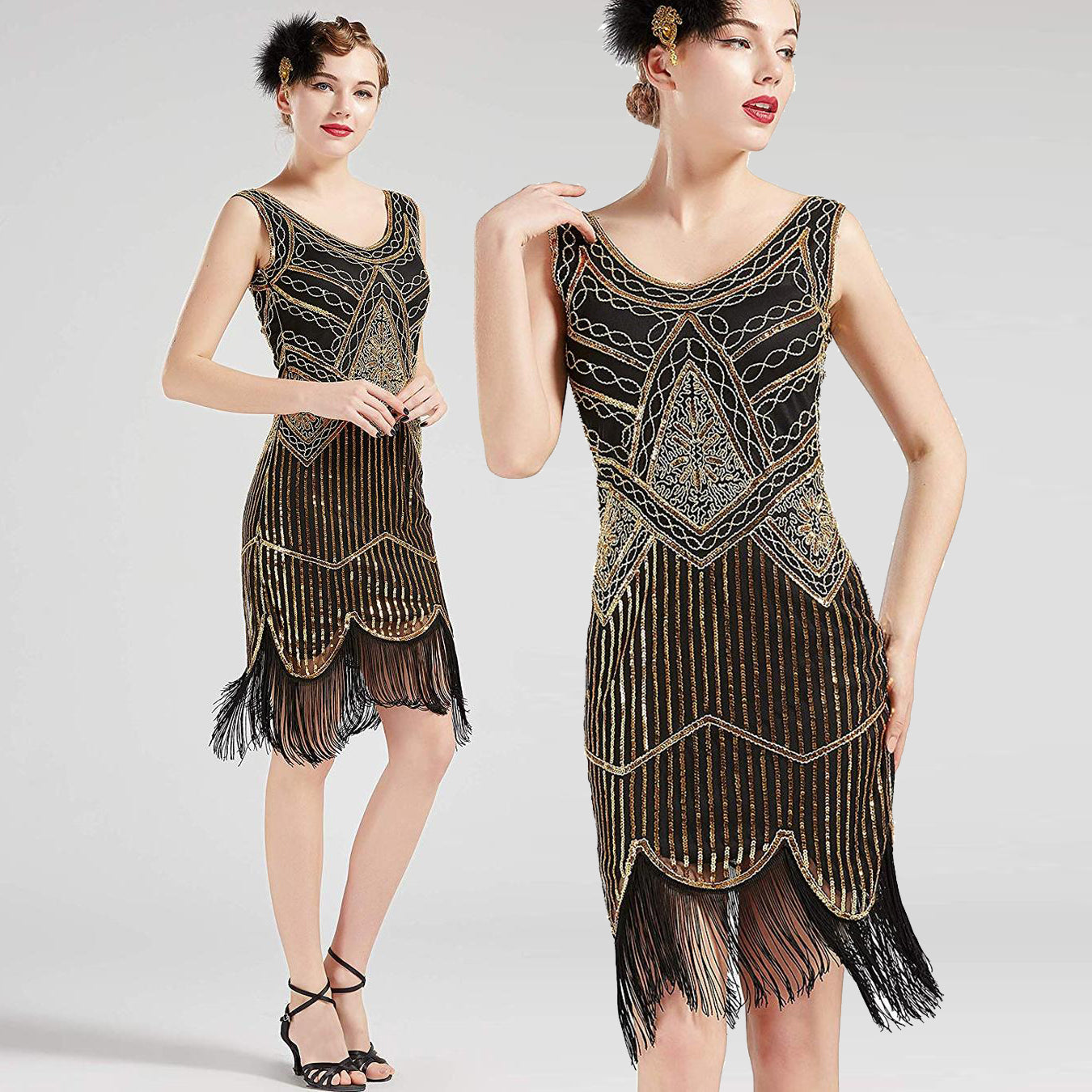 Vintage Black and Gold 1920s Flapper 20s Great Gatsby Dress Fringed Sequin Art Deco