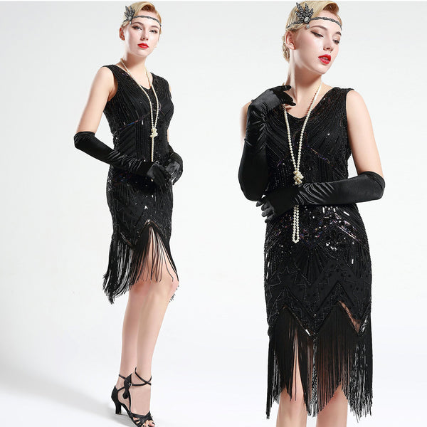 US Stock Jet Black glass beaded Fringe Flapper Dress