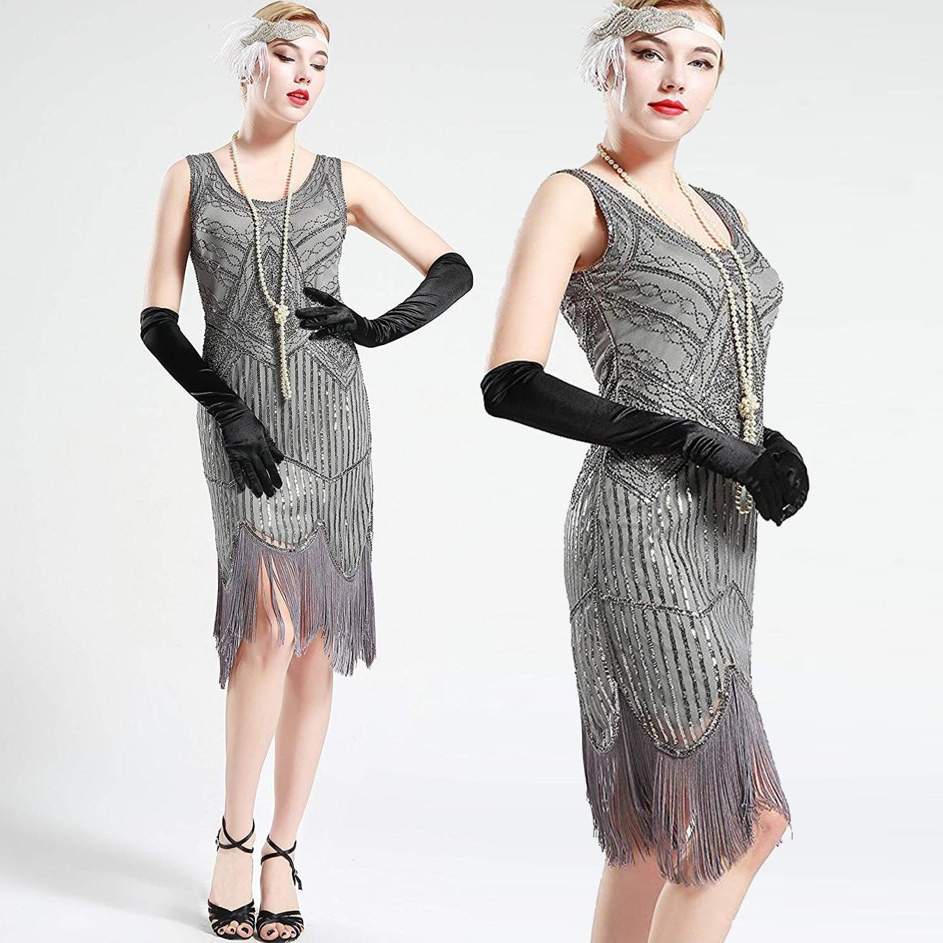 Vintage Silver Unique 1920s Flapper 20s Great Gatsby Dress Fringed Sequin Art Deco