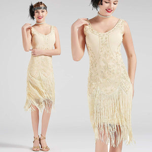 US STOCK Vintage Cream 1920s Unique Flapper Dress Roaring 20s Great Gatsby Fringed  Dress