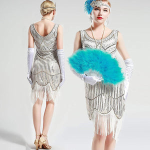 Vintage White Unique 1920s Flapper Dress Roaring 20s Great Gatsby Dress Fringed Sequin Art Deco Dress