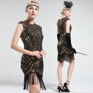 US STOCK Black and Gold Flapper Beaded Fringed Great Gatsby Dress