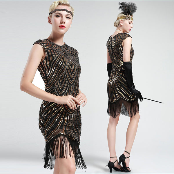 US STOCK Black and Gold Flapper Beaded Fringed Great Gatsby Dress