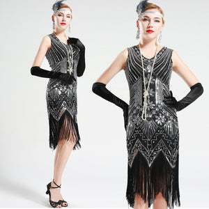 US Stock Black and Silver glass beaded Fringe Flapper Dress