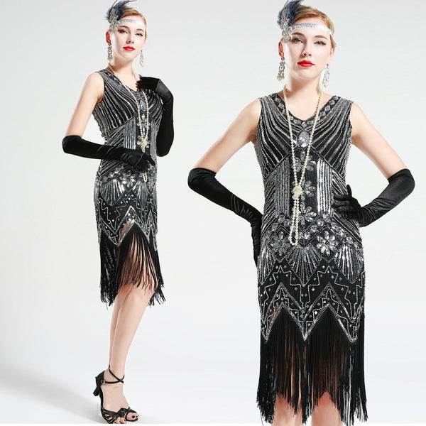 Black and Silver glass beaded Fringe Flapper Dress