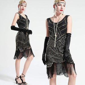 Vintage Black Unique 1920s Flapper Dress Roaring 20s Great Gatsby Dress Fringed Sequin Dress Art Deco