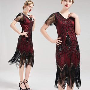 US STOCK Vintage Black and Red Unique 1920s Art Deco Fringed Sequin Dress 20s Flapper Gatsby Dress