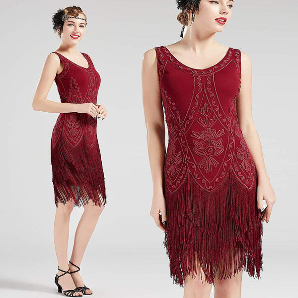 US STOCK Vintage Red 1920s Flapper Unique Dress Roaring 20s Great Gatsby Fringed Dress
