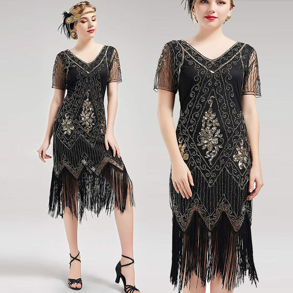 US STOCK Vintage 1920s Unique Black and Gold Art Deco Fringed Sequin Dress 20s Flapper Gatsby Dress