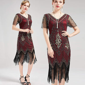 US STOCK Vintage Red and God Unique 1920s Art Deco Fringed Sequin Dress 20s Flapper Gatsby Dress