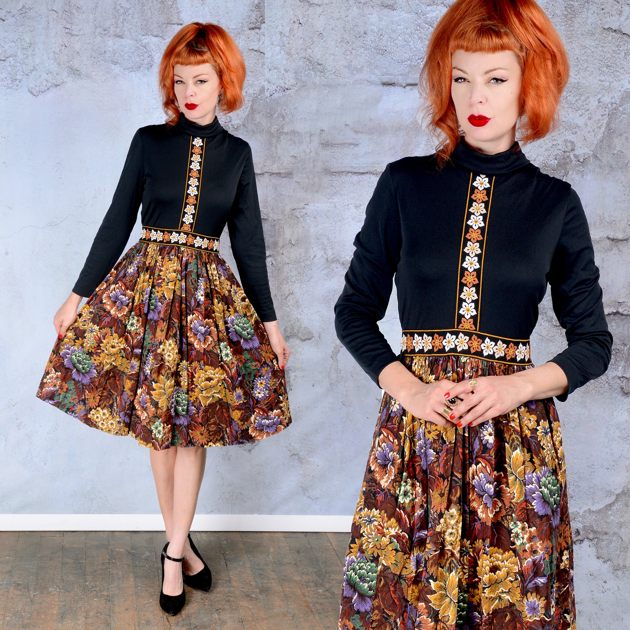 Vintage 1970s black and floral flare dress - SM