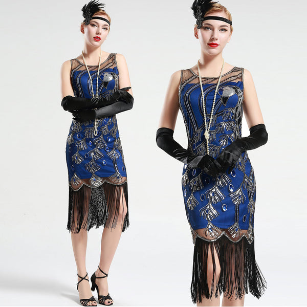 Green and Black Peacock Sequin Fringed Party Flapper Dress