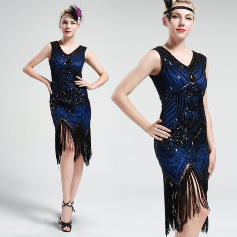 US Stock Black and Blue glass beaded Fringe Flapper Dress