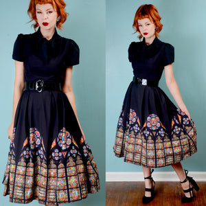 Vintage 1950s inspired Cathedral print Fit and Flare Dress SMALL