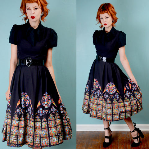 Vintage 1950s inspired Cathedral print Fit and Flare Dress SMALL