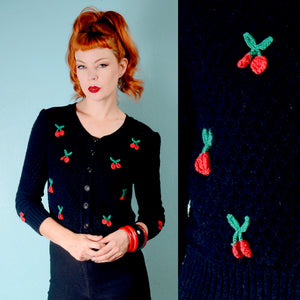 Vintage 1950s inspired waffle weave black cardigan with 3D red cherries