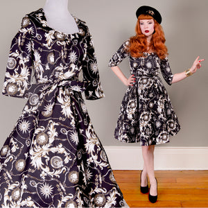 US STOCK Baroque Compass Print Fit and Flare Dress