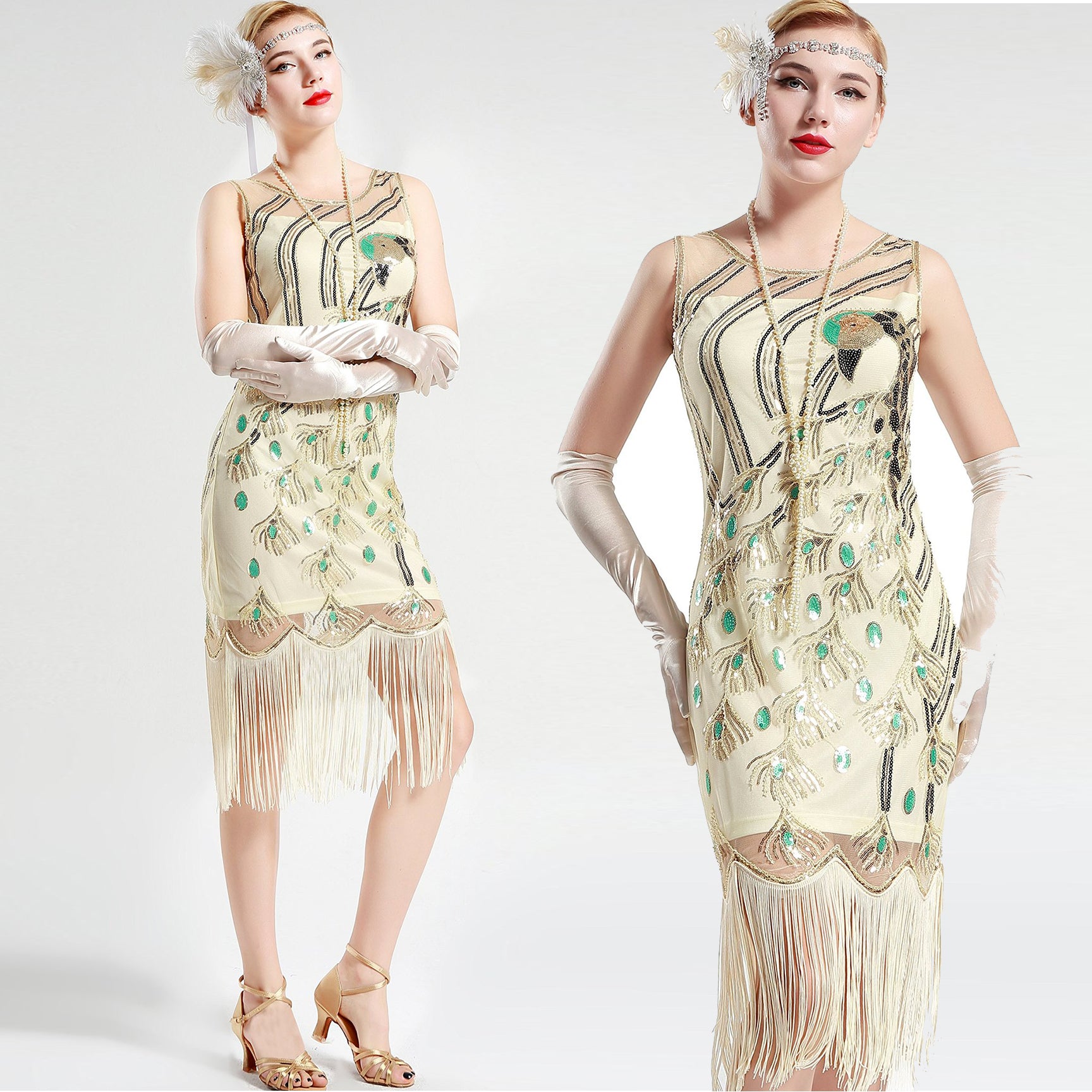 Cream White Peacock Sequin Fringed Party Flapper Dress