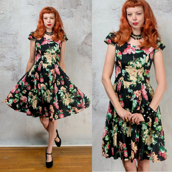 1950s black floral repro dress size small