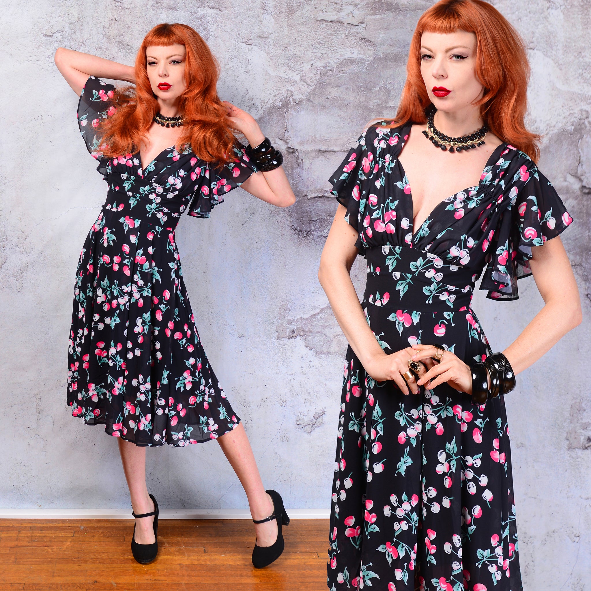 Pinup Cherries print flutter sleeve dress