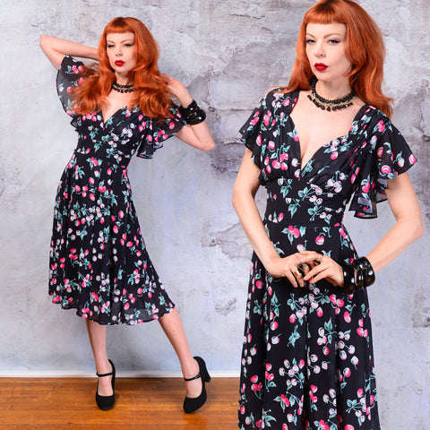 Pinup Cherries print flutter sleeve dress