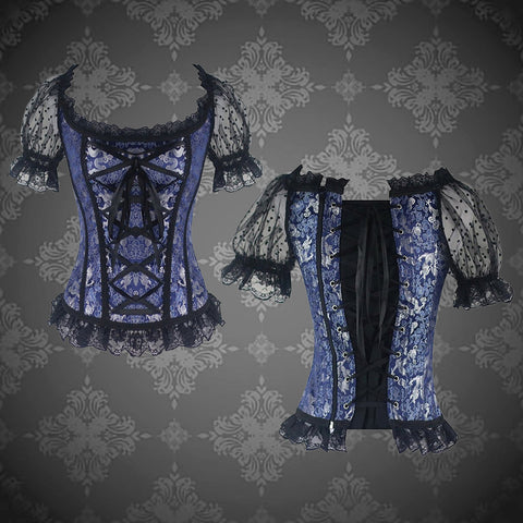 Midnight Blue Corset Front and Back Lolita Lace Puffed Sleeves Blouse