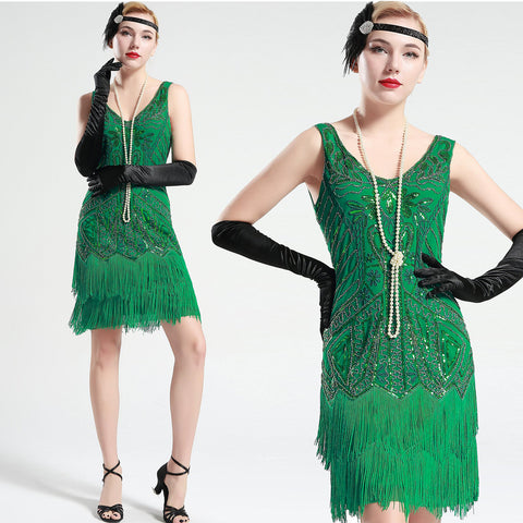US STOCK Bright Green Sleeveless Flapper Beaded and Sequined Mini Dress