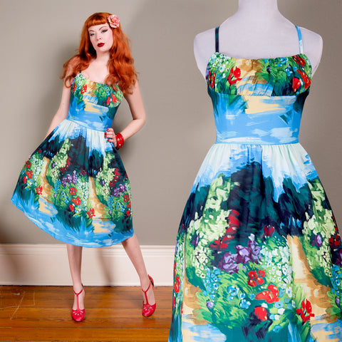 Floral Full Skirt Rockabilly Landscape Dress