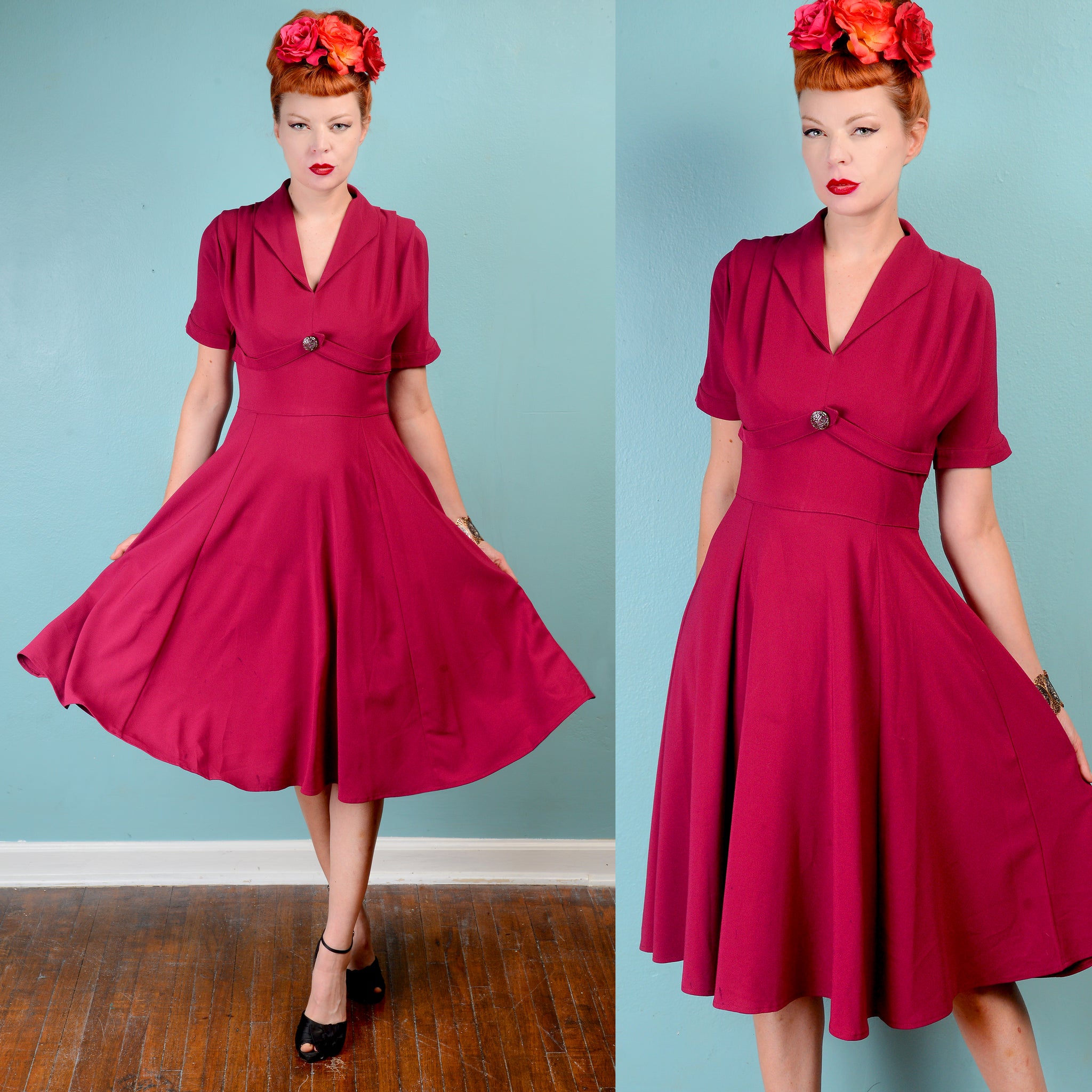 Vintage 1940s inspired Hell Bunny magenta crepe swing dress